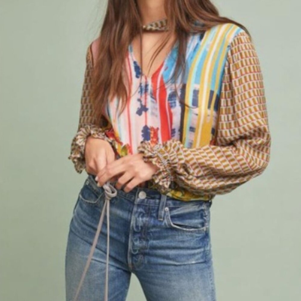 Anthropologie XS Long Sleeve Blouse Mulit Color/Pattern